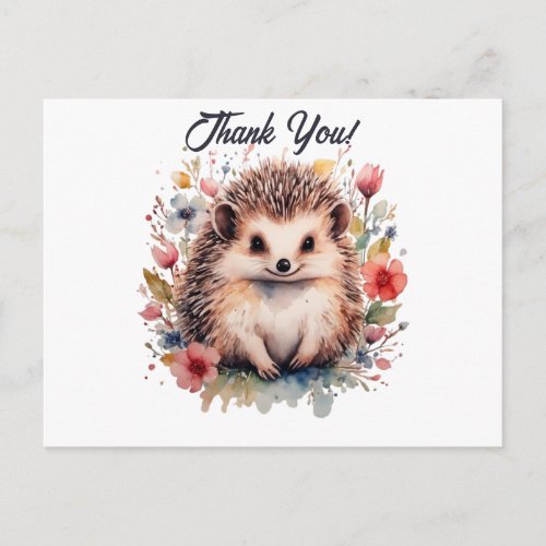 Cute Hedgehog in watercolor flowers Thank You Postcard