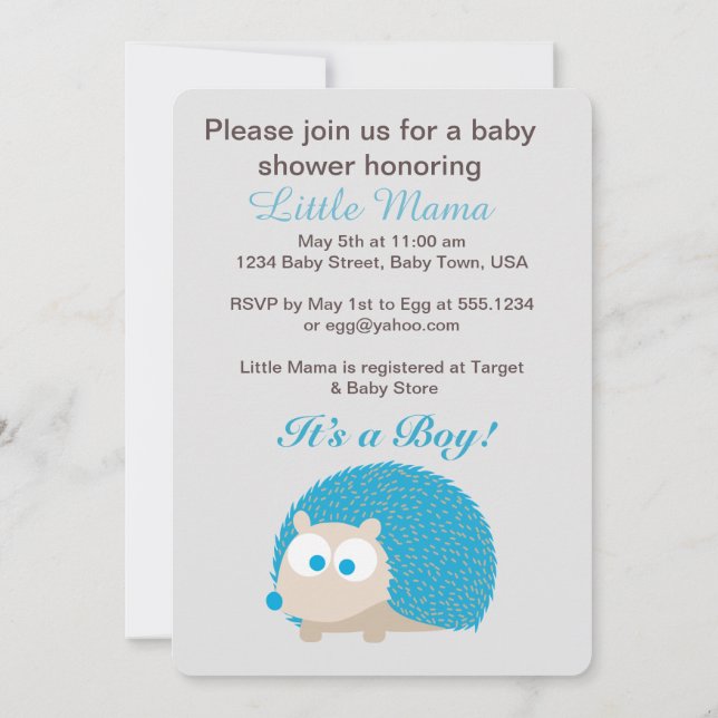 Cute Hedgehog It's a Boy! Baby Shower Invitation (Back)