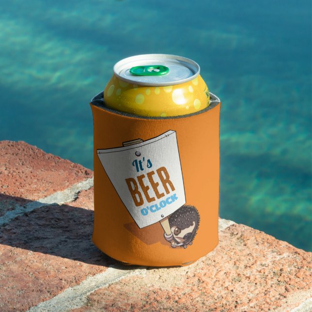 Cute Hedgehog It's Beer O'Clock Funny Cartoon Can Cooler (In Situ Pool)