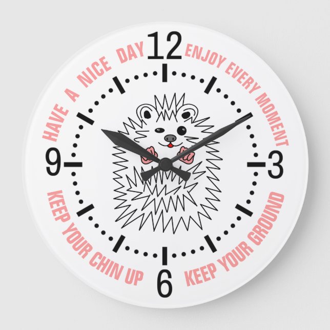 Cute Hedgehog. Keep Your Chin Up! Inspirational Large Clock (Front)