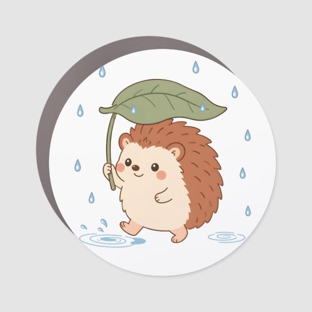 Cute Hedgehog Leaf Umbrella Rainy Day Magnet (Front)