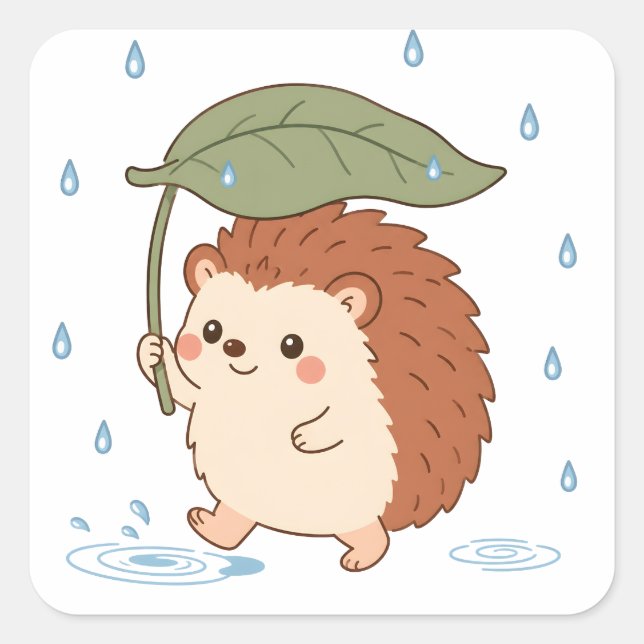 Cute Hedgehog Leaf Umbrella Rainy Day Sticker (Front)