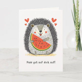 Cute Hedgehog Loves Watermelon German Get Well Card