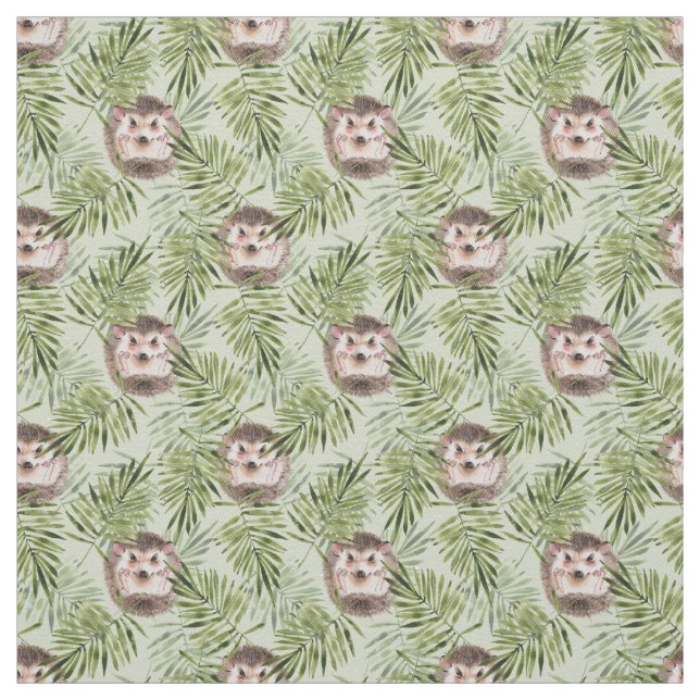 Cute Hedgehog & Lush Green Leaves Fabric (Swatch)