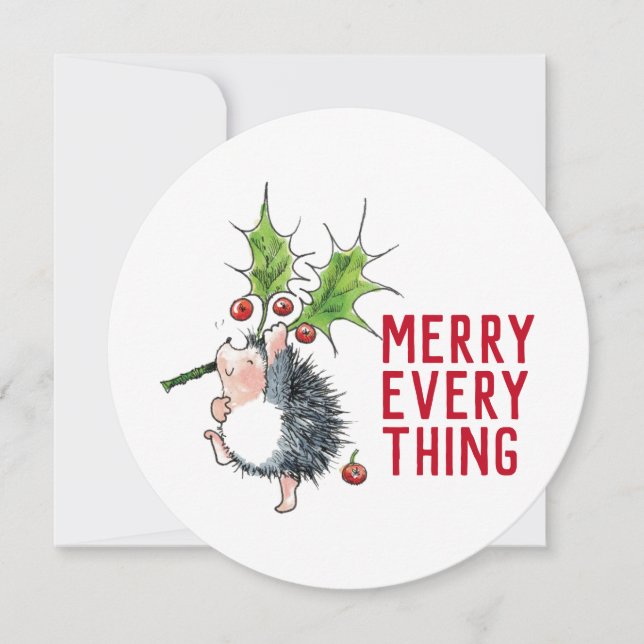 Cute Hedgehog Merry Everything Christmas Round Holiday Card (Front)