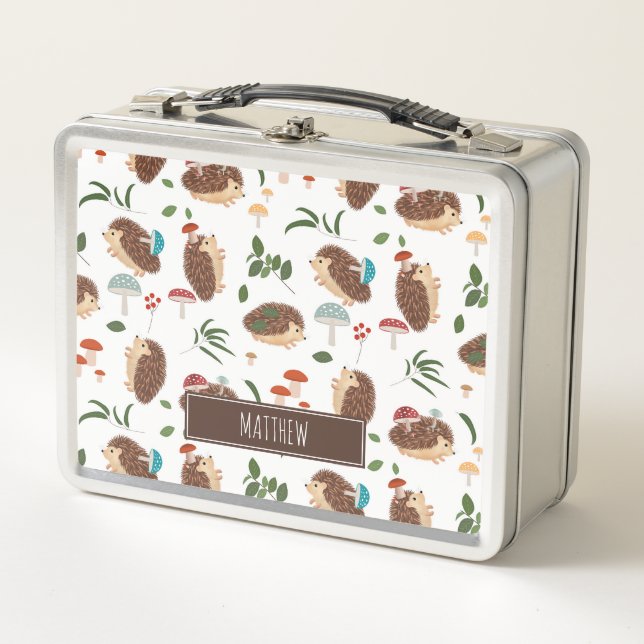 Cute Hedgehog Mushroom Woodland Forest Animal Kids Metal Lunch Box (Front)