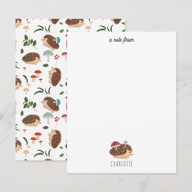 Cute Hedgehog Mushroom Woodland Forest Animal Kids Note Card (Front/Back)