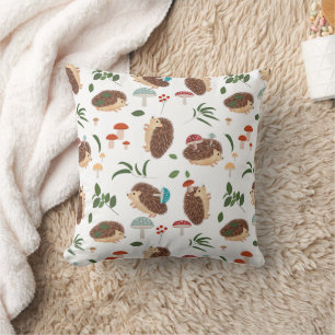 Cute Hedgehog Mushrooms Woodland Animal Kids Throw Pillow