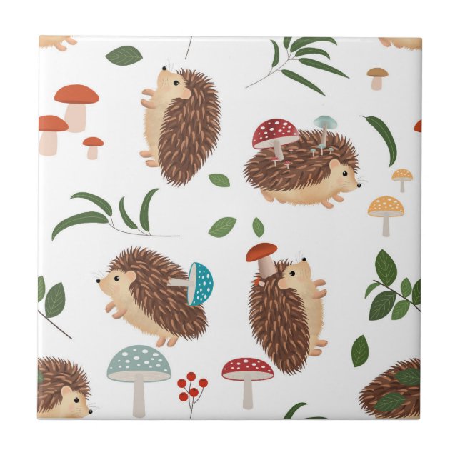 Cute Hedgehog Mushrooms Woodland Forest Animal Ceramic Tile (Front)