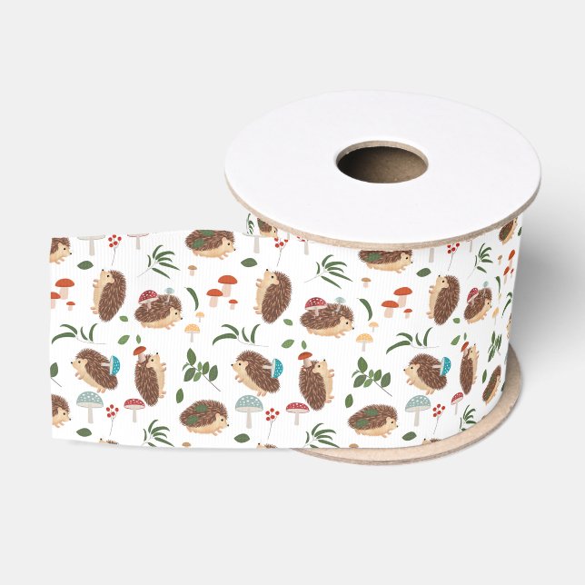 Cute Hedgehog Mushrooms Woodland Forest Animal Grosgrain Ribbon (Spool)