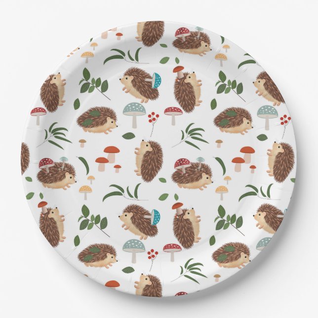Cute Hedgehog Mushrooms Woodland Forest Animal Paper Plates (Front)