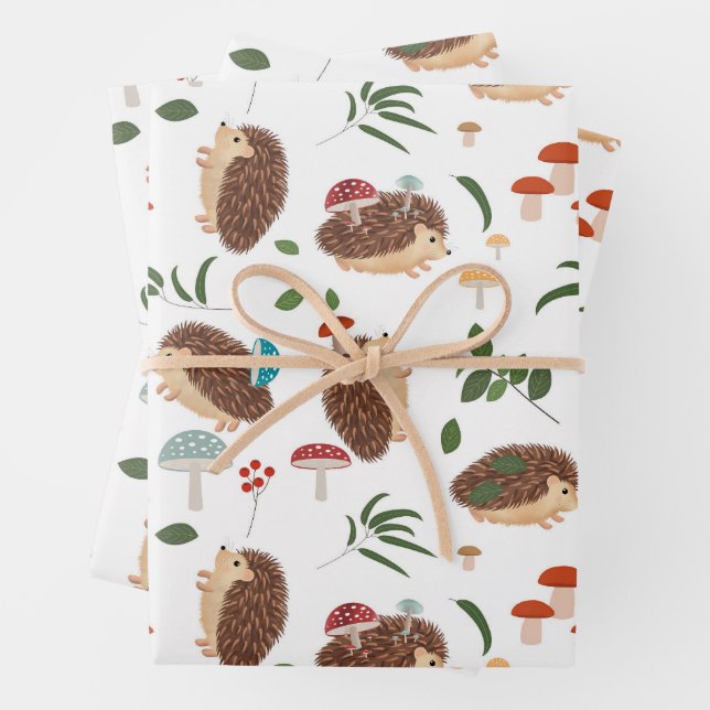 Cute Hedgehog Mushrooms Woodland Forest Animal Wrapping Paper Sheets (In situ)