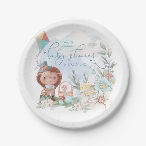 Cute Hedgehog Nature Boy Floral Baby Shower Picnic Paper Plates