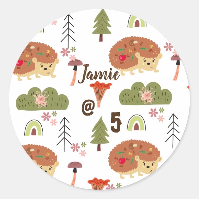 Cute Hedgehog Nature Floral Rainbow Pattern  Classic Round Sticker (Front)