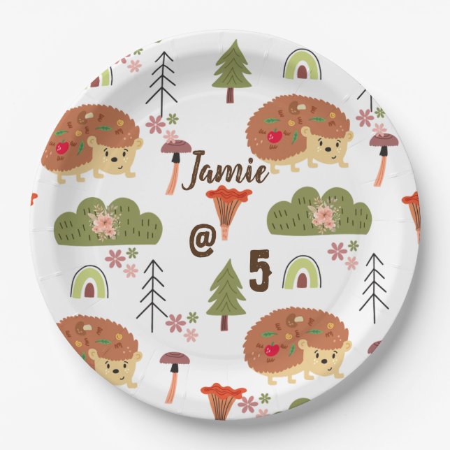 Cute Hedgehog Nature Floral Rainbow Pattern  Paper Plates (Front)