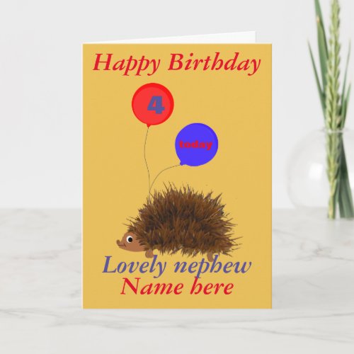 Cute hedgehog Nephew Birthday add name age Card