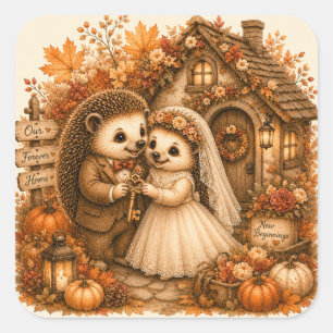 Cute Hedgehog Newlywed Couple Woodland Wedding Square Sticker