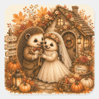 Cute Hedgehog Newlywed Couple Woodland Wedding Square Sticker