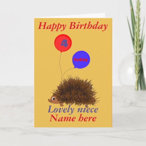 Cute hedgehog Niece Birthday add name age Card