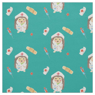 Cute hedgehog nurse   doctor pattern teal fabric
