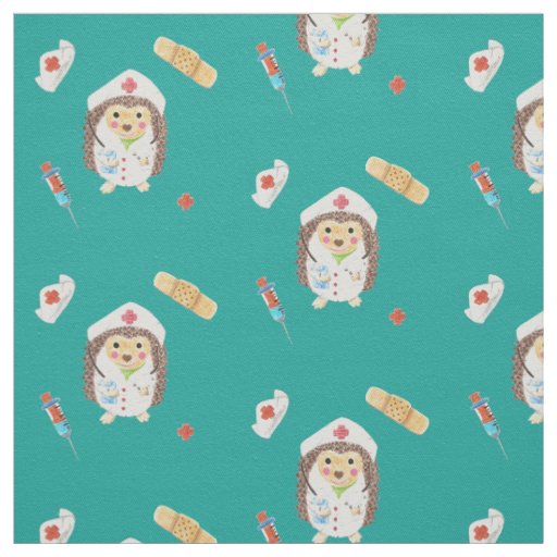 Cute hedgehog nurse | doctor pattern teal fabric