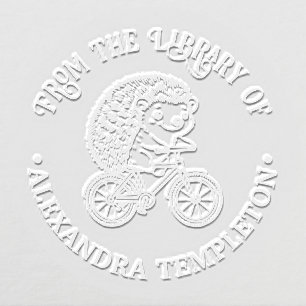 Cute Hedgehog on Bicycle Library Book Name Embosser