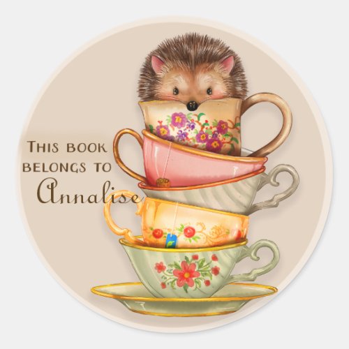 Cute Hedgehog on Stack of Mugs Book Name Sticker