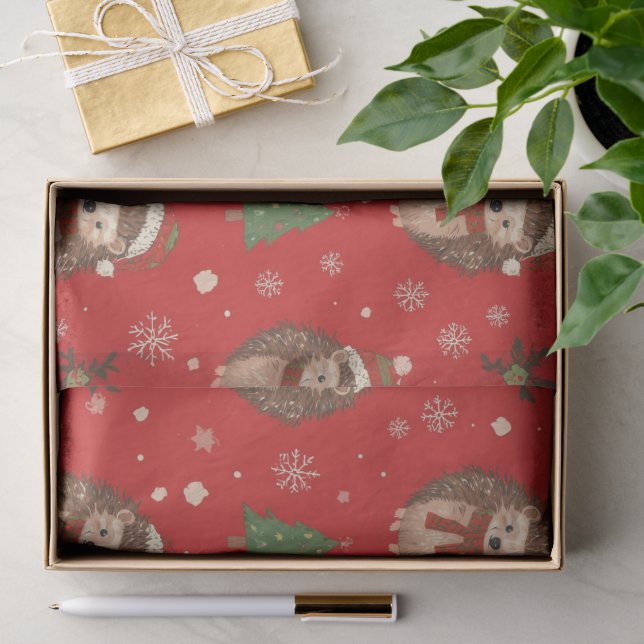Cute Hedgehog Pattern Red Green Christmas  Tissue Paper (Gift)