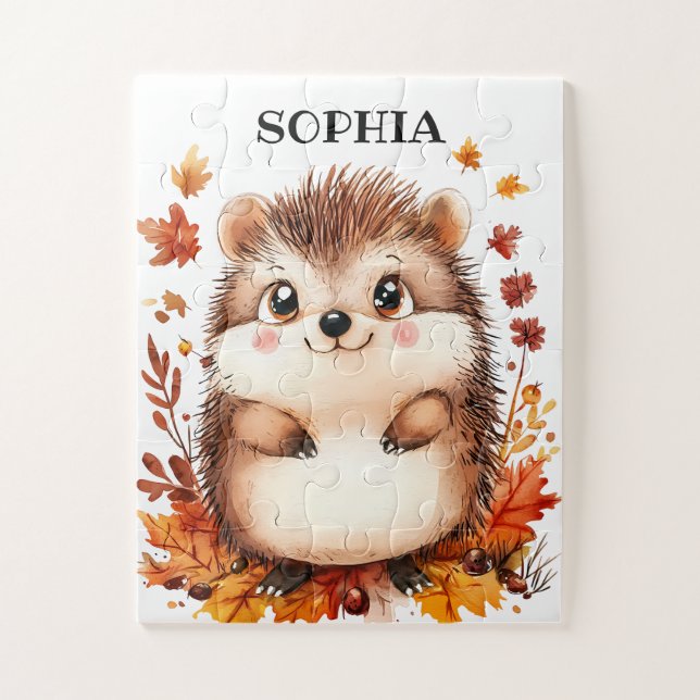 Cute Hedgehog Personalized Name Modern Animal Fall Jigsaw Puzzle (Vertical)