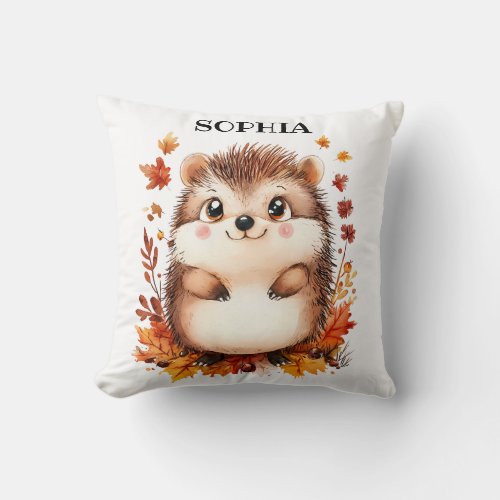 Cute Hedgehog Personalized Name Modern Animal Fall Throw Pillow