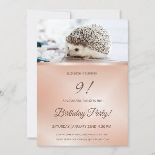 Cute Hedgehog Photo Rose Gold Girls Invitation