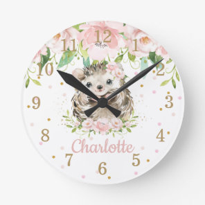 Cute Hedgehog Pink Blush Floral Girl Bedroom Decor Round Clock