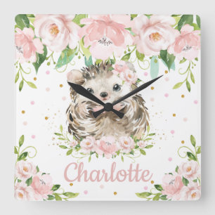 Cute Hedgehog Pink Floral Girl Bedroom Decoration Square Wall Clock