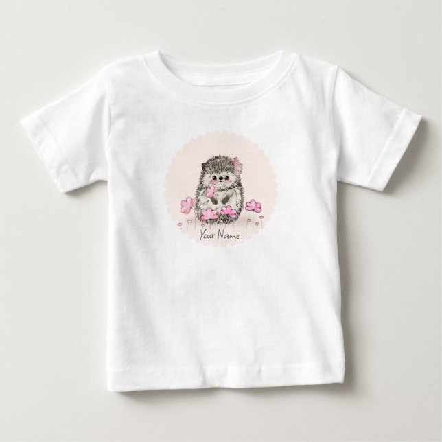 Cute Hedgehog Pink Flowers Name Baby T-Shirt (Front)