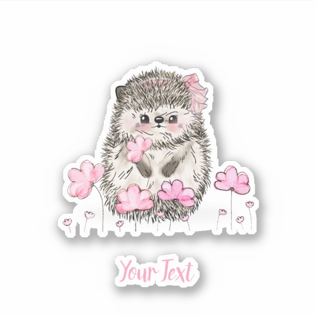 Cute Hedgehog Pink Flowers Text Sticker (Front)