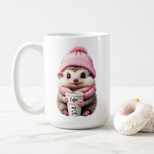 Cute Hedgehog Pink Hat Scarf Coffee Warms my Soul  Coffee Mug