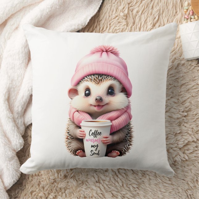 Cute Hedgehog Pink Hat Scarf Coffee Warms my Soul  Throw Pillow (Blanket)