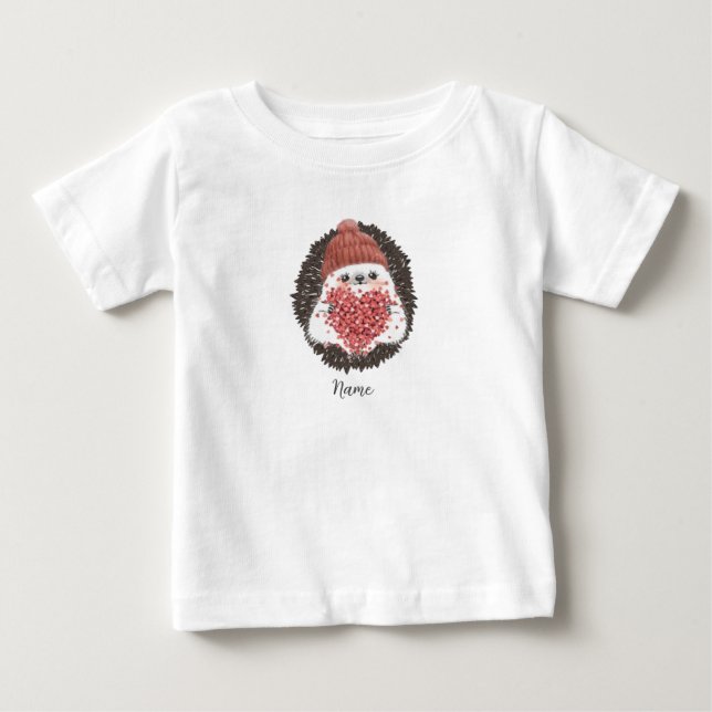 Cute Hedgehog Pink Heart Name Baby T-Shirt (Front)