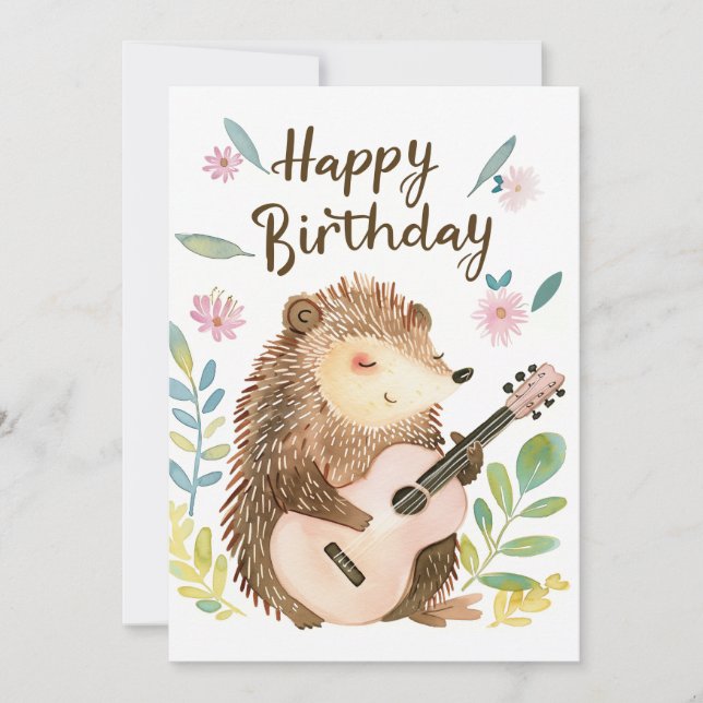 Cute Hedgehog playing Guitar Birthday Holiday Card (Front)