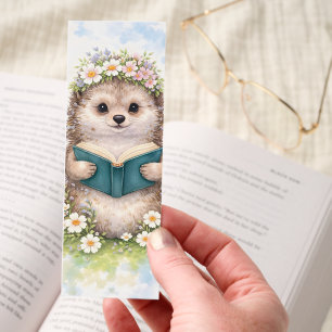 Cute Hedgehog Reading a Book Watercolor Floral Bookmarks