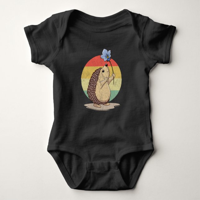 Cute Hedgehog Retro Flower Sunset Autumn Animal Baby Bodysuit (Front)