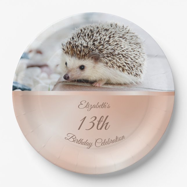 Cute Hedgehog Rose Gold | Custom Birthday Paper Plates (Front)