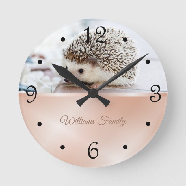 Cute Hedgehog Rose Gold Foil Your Name  Round Clock (Front)