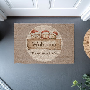 Cute Hedgehog Santas hat Welcome sign Fiber Doormat