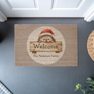 Cute Hedgehog Santas hat Welcome sign Fiber Doormat