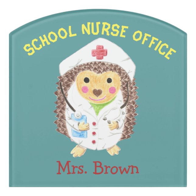 Cute hedgehog school nurse office door sign (Contour Front)