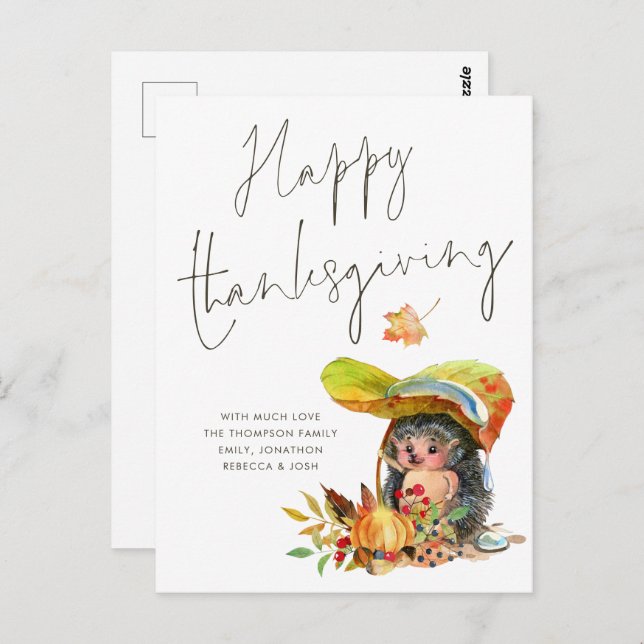 Cute Hedgehog Script Happy Thanksgiving Postcard (Front/Back)