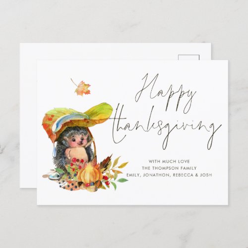 Cute Hedgehog Script Happy Thanksgiving Postcard