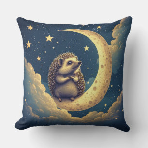 Cute Hedgehog Sitting on Crescent Moon Throw Pillow