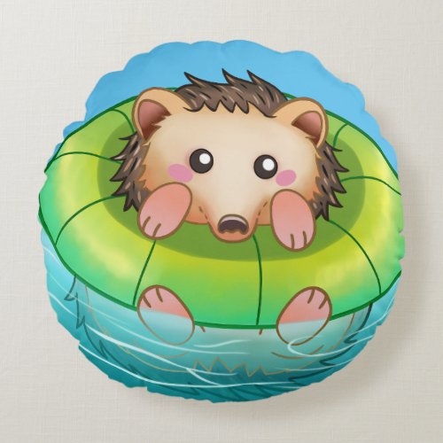 cute hedgehog swimming  round pillow